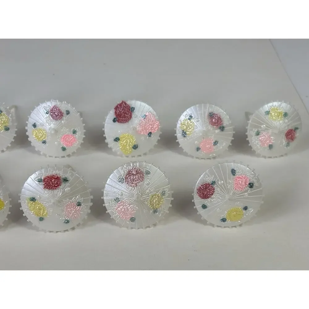 20 Vintage Plastic Cake Topper Parasols Painted Umbrellas Floral Pearlescent